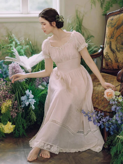 Blush Pearl‑Detail Lace Trim Dress