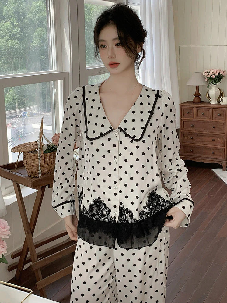 Polka Dot Lace-Trim Pajama Set