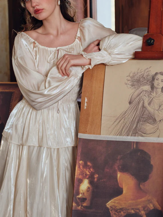 Pearl Ribbon Shirred Ivory Blouse