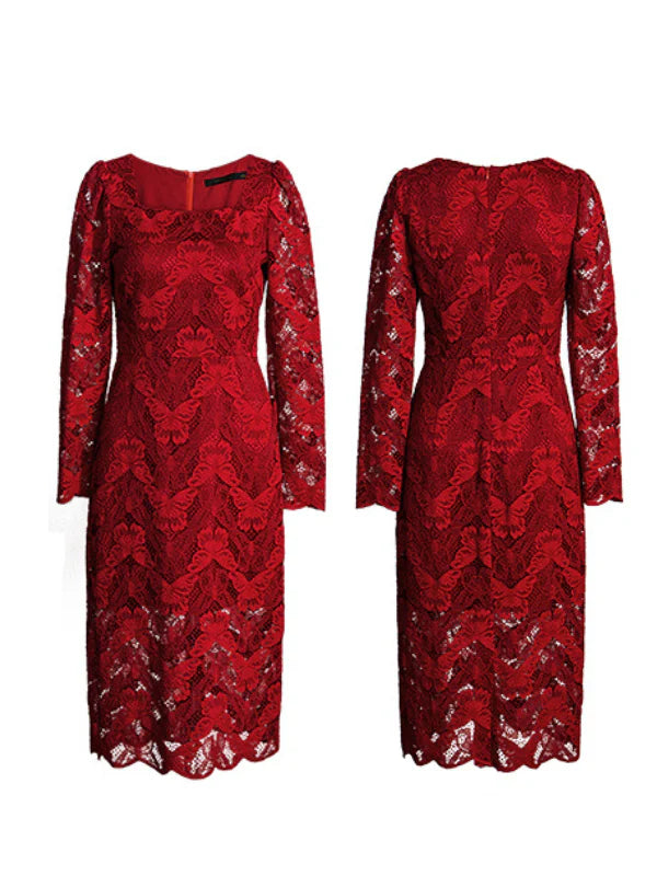 Scarlet Elegance Lace Midi Dress