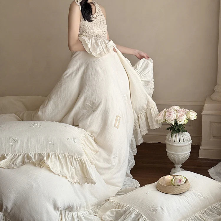 Blush Cream Ruffle Lace Bedding Set