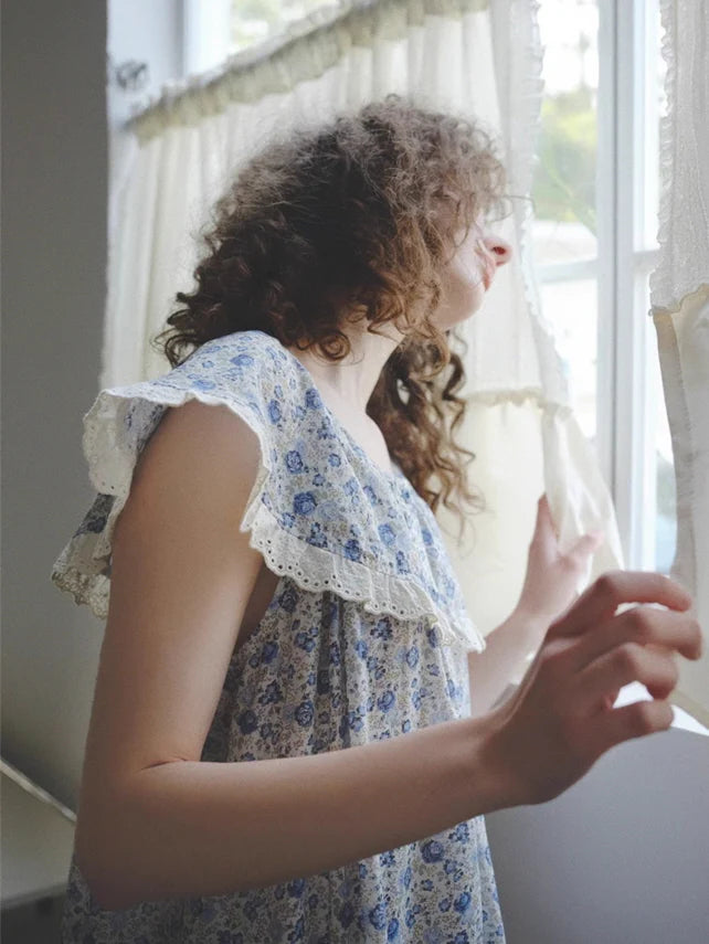 Blue Blossom Ruffle Cotton Nightgown