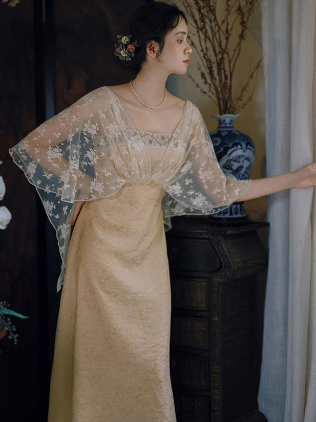 Golden Bloom Lace Overlay Dress