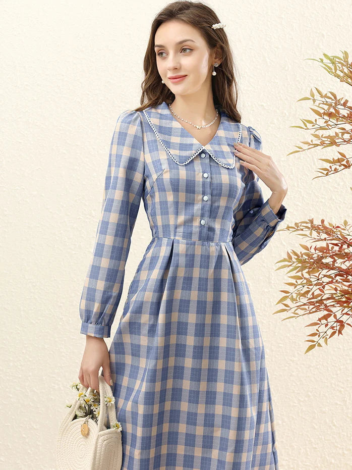 Vintage Blue Plaid Lace Trim Dress