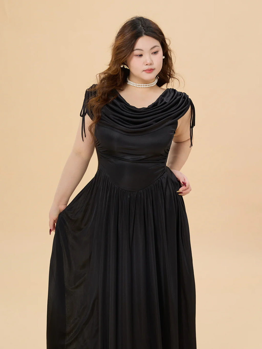 Midnight Satin Plus Size Dress with Draped Shoulders