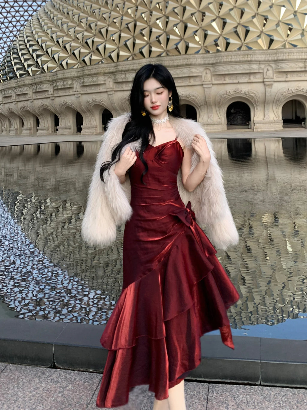 Crimson Elegance Mermaid Bow Dress