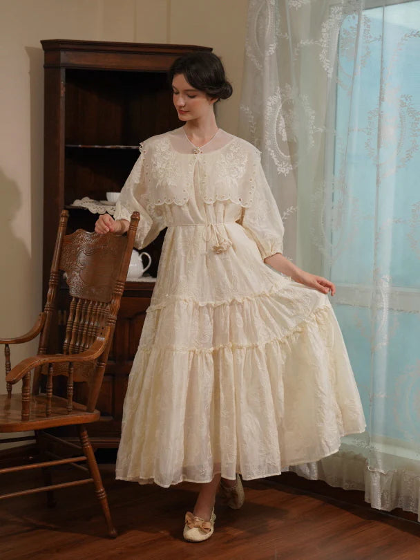 Embroidered Shawl Collar Tiered Dress