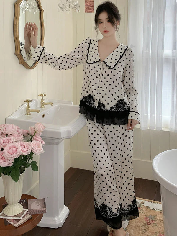 Polka Dot Lace-Trim Pajama Set