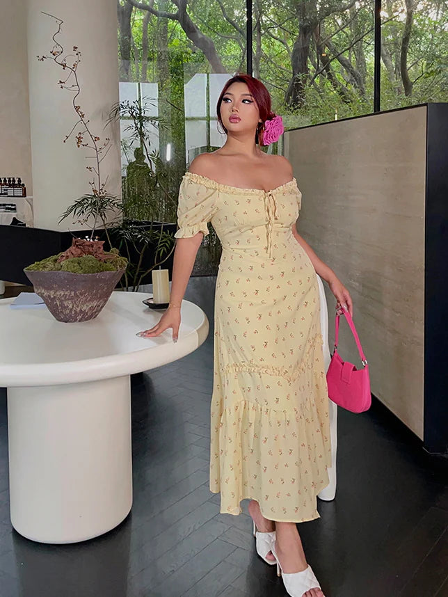 Lemon Blossom Ruffle Midi Dress