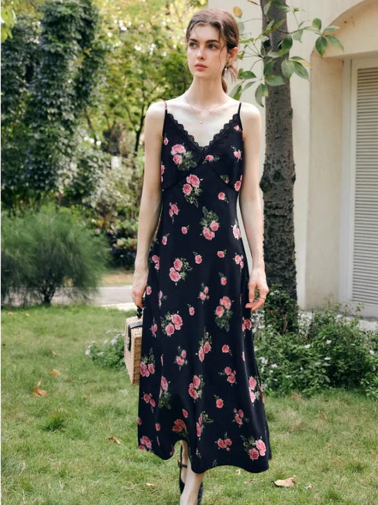 Midnight Rose Lace Trim Dress