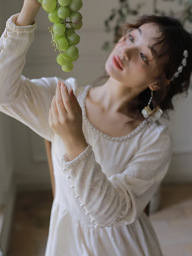 Elegant Pearl-Trimmed Ivory Long Dress