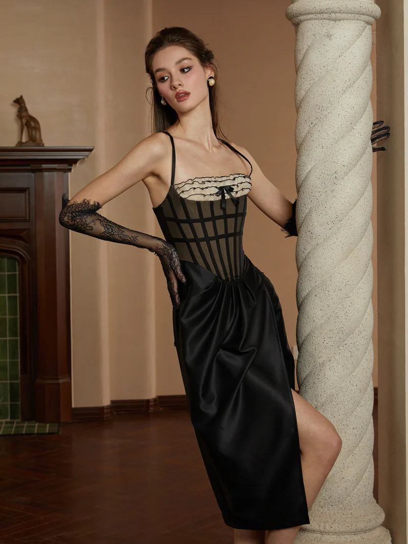 Midnight Elegance Grid Corset Dress