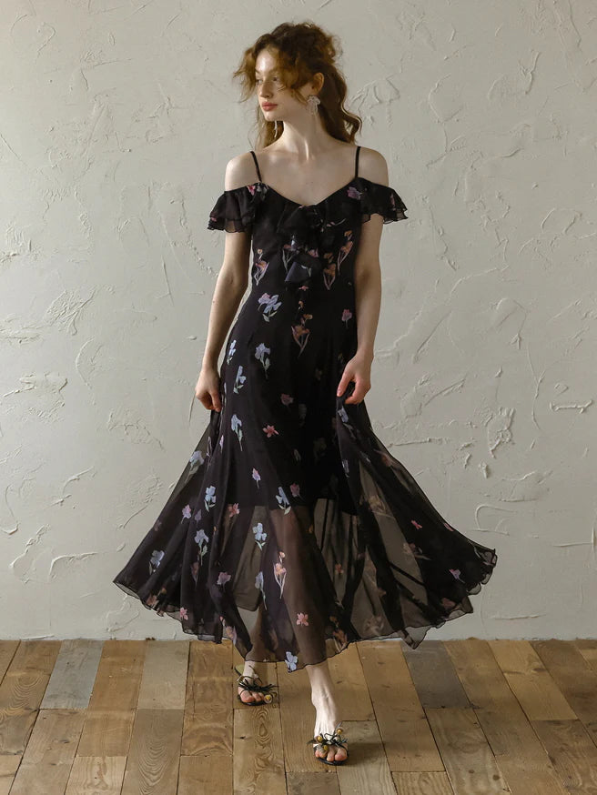 Black Blossom Off-Shoulder Dress