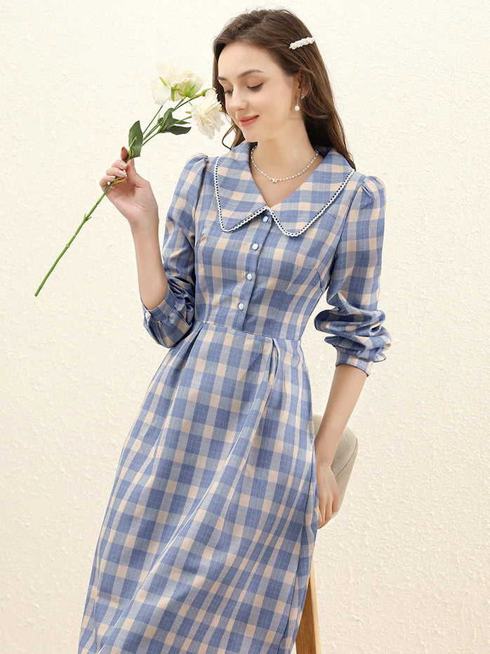 Vintage Blue Plaid Lace Trim Dress