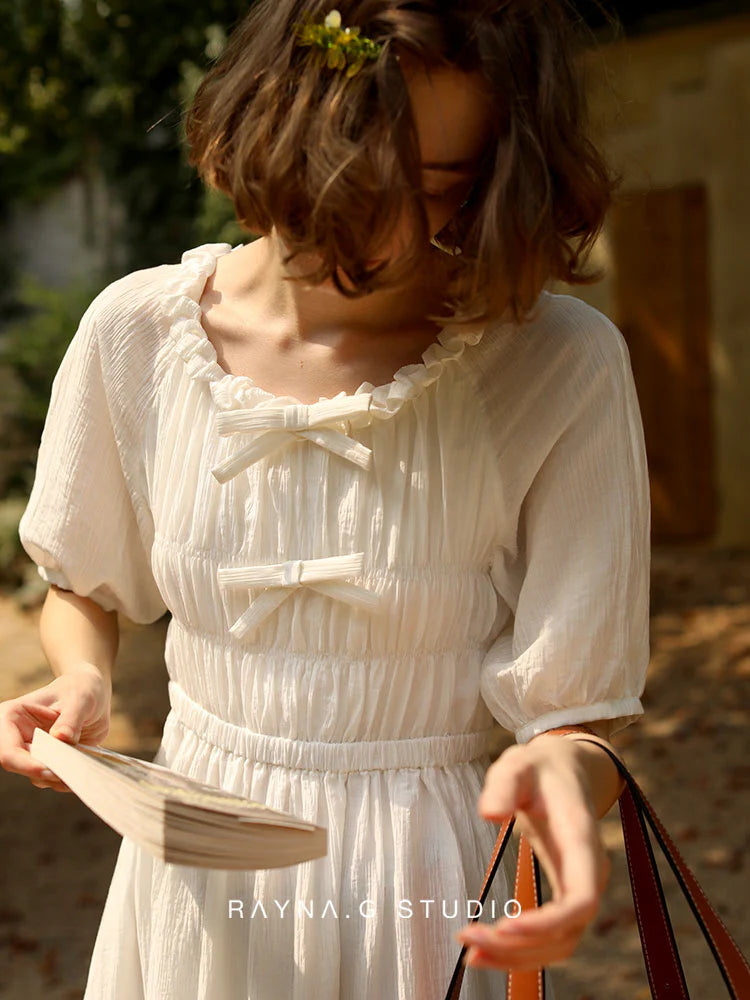Ethereal Cottage Bow White Dress
