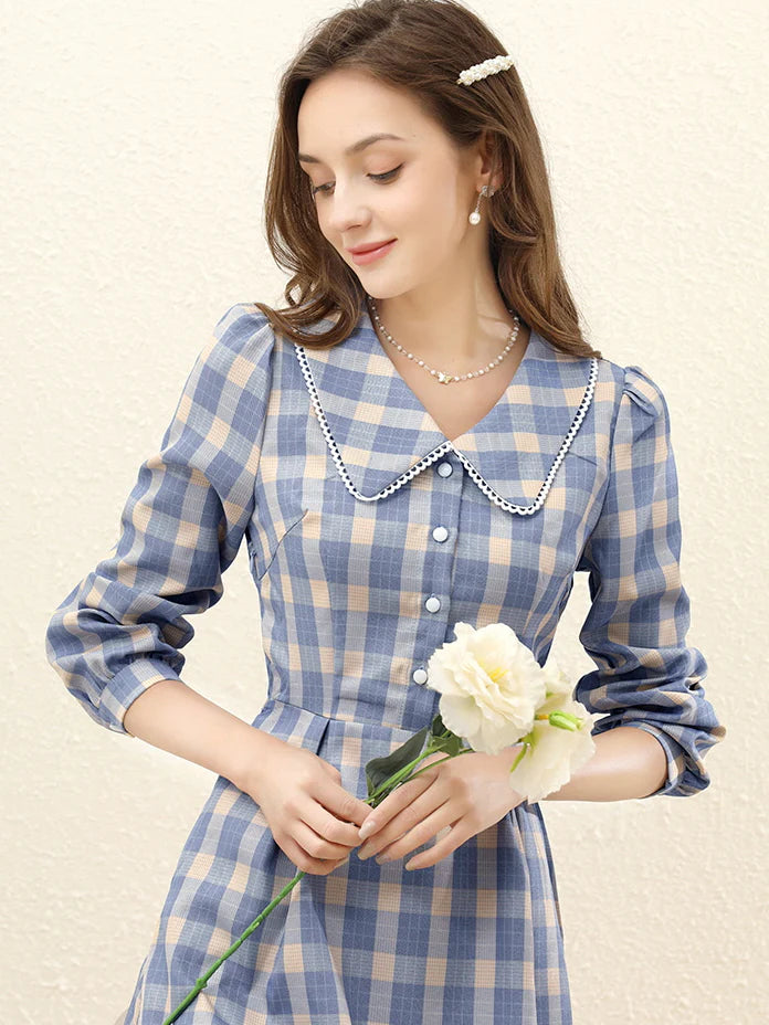 Vintage Blue Plaid Lace Trim Dress