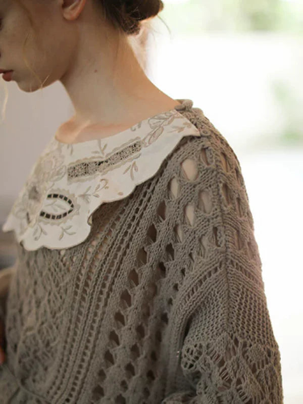 Graceful Lace Collar Brown-Gray Knitwear