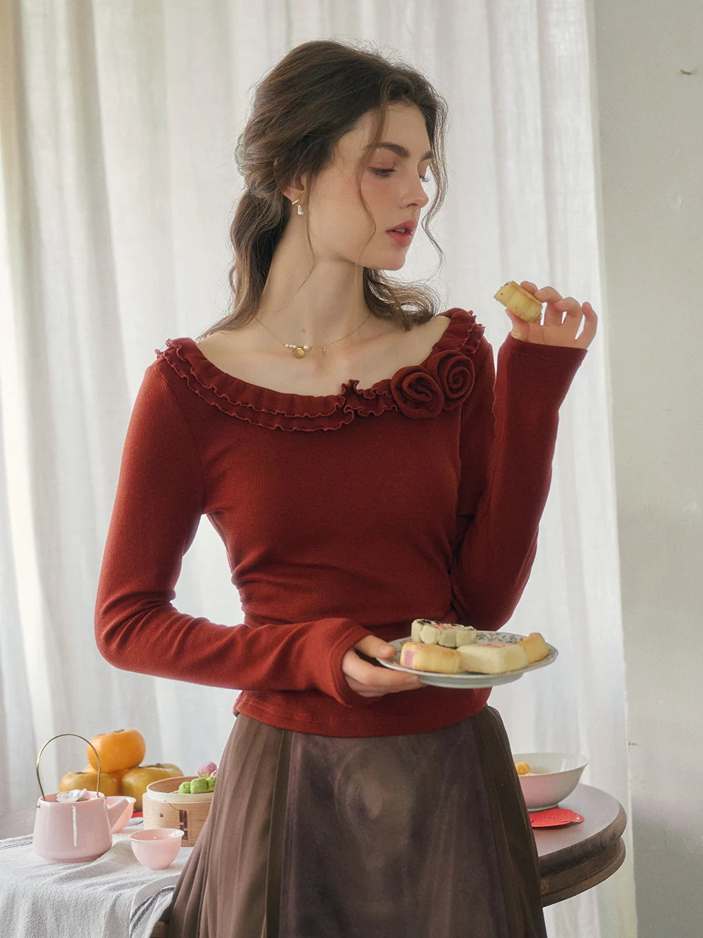 Rosette Ruffle Knit Top