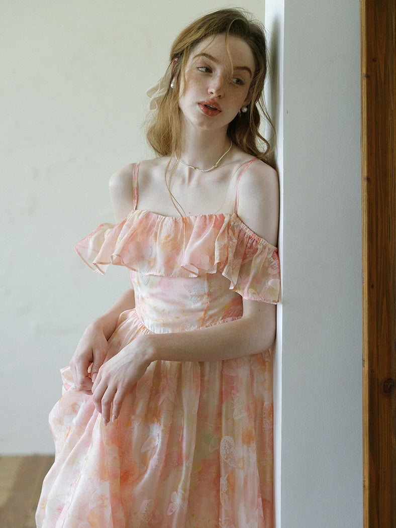 Peach Blossom Off-Shoulder Ruffle Dress