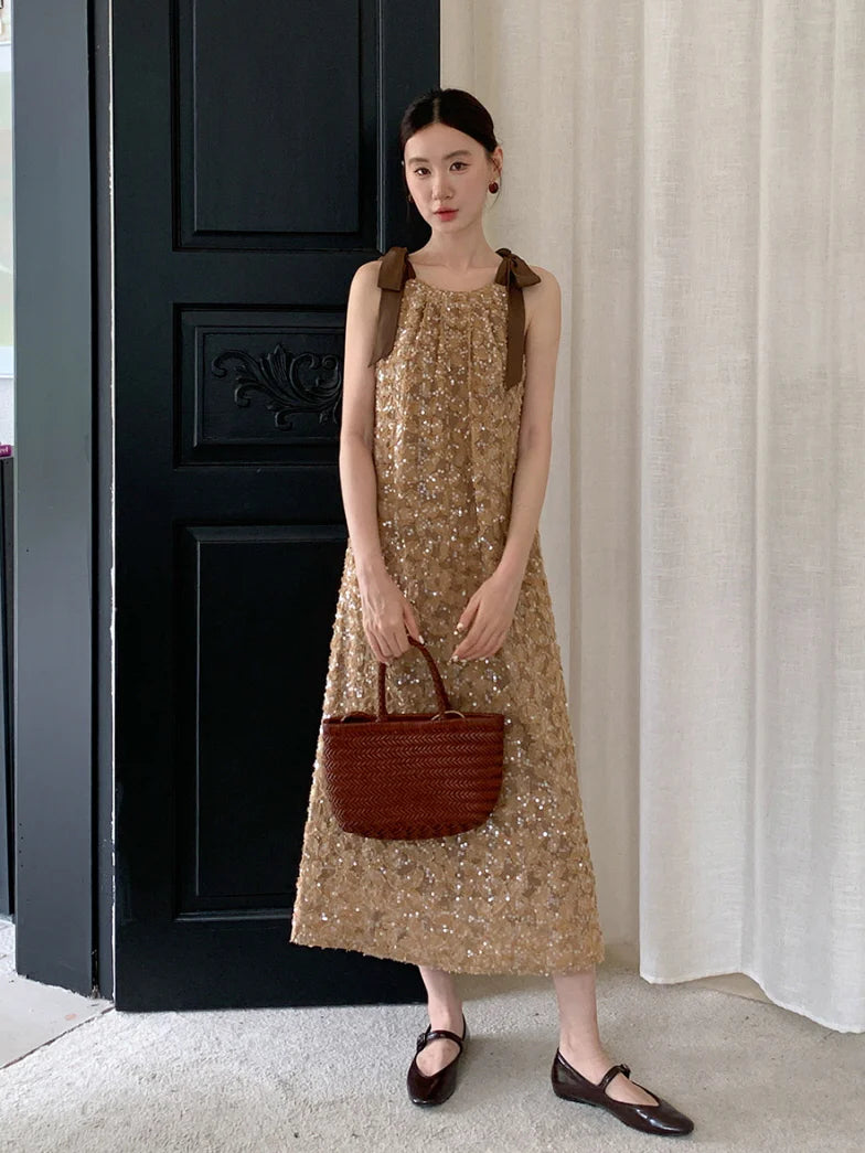 Golden Sequin Ribbon Strap Dress