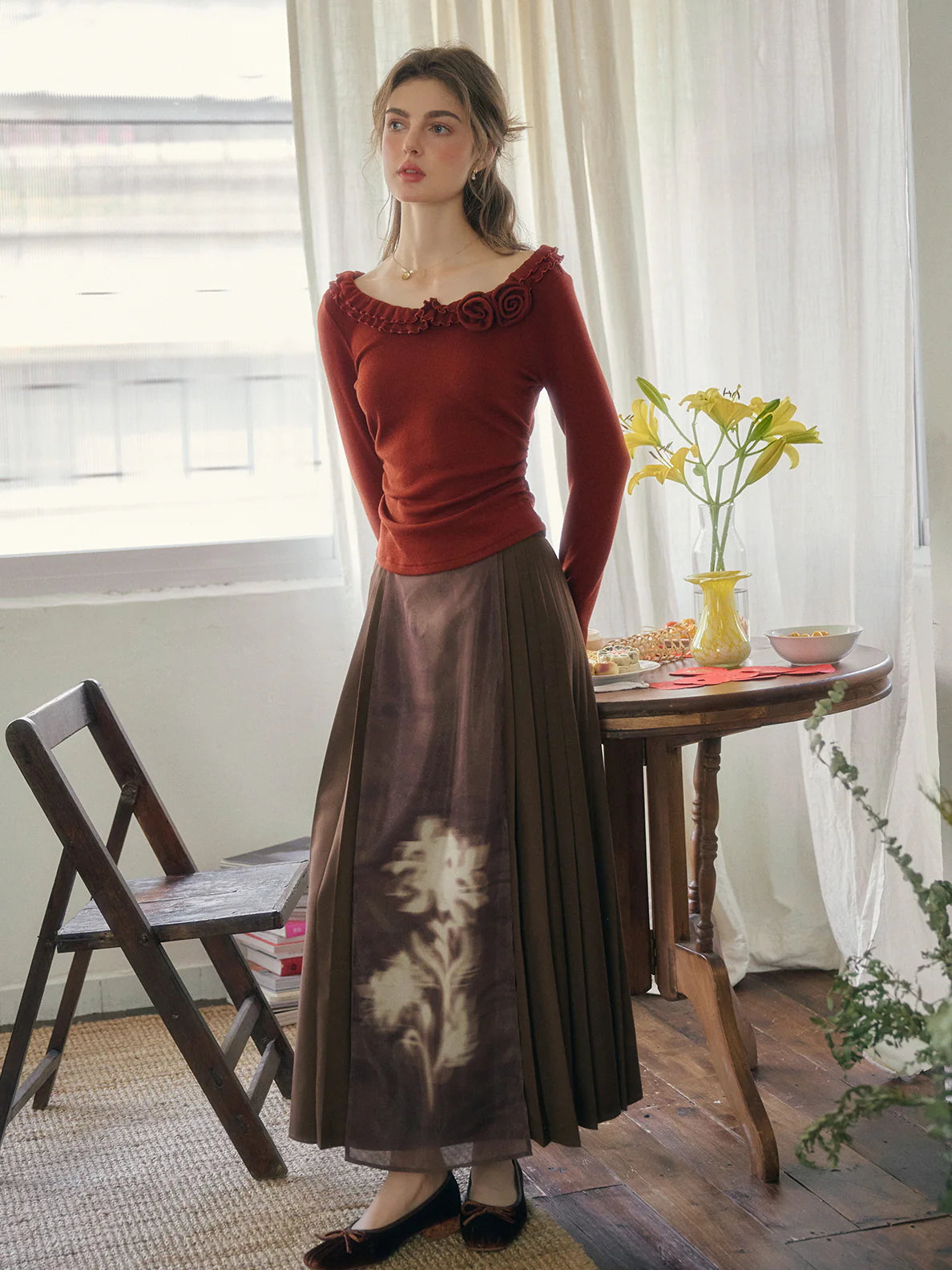 Rosette Ruffle Knit Top