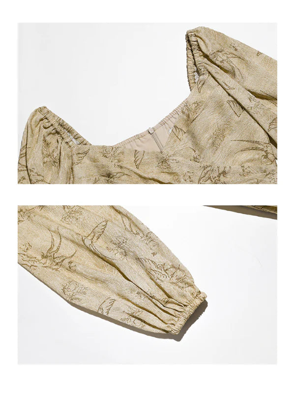 Vintage Botanical Puff-Sleeve Dress