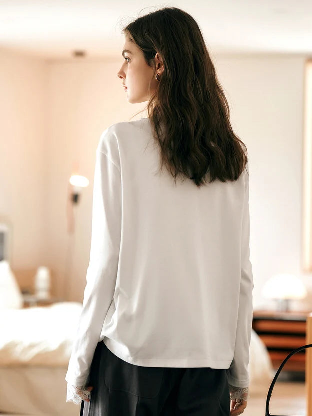 Lace Trim Soft Cotton Long Sleeve Top
