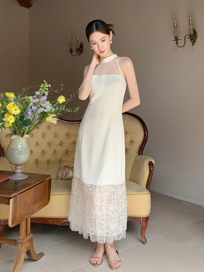 Moonlight Petal Lace Halter Dress