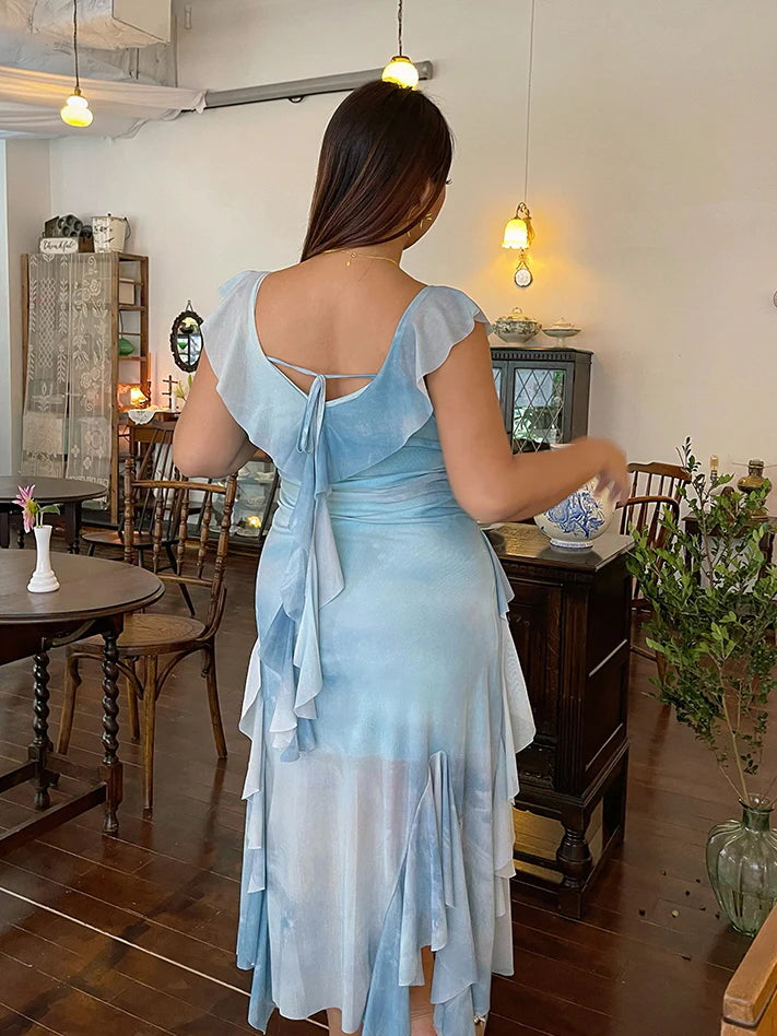 Sky Ruffle Mesh Dress with Bow