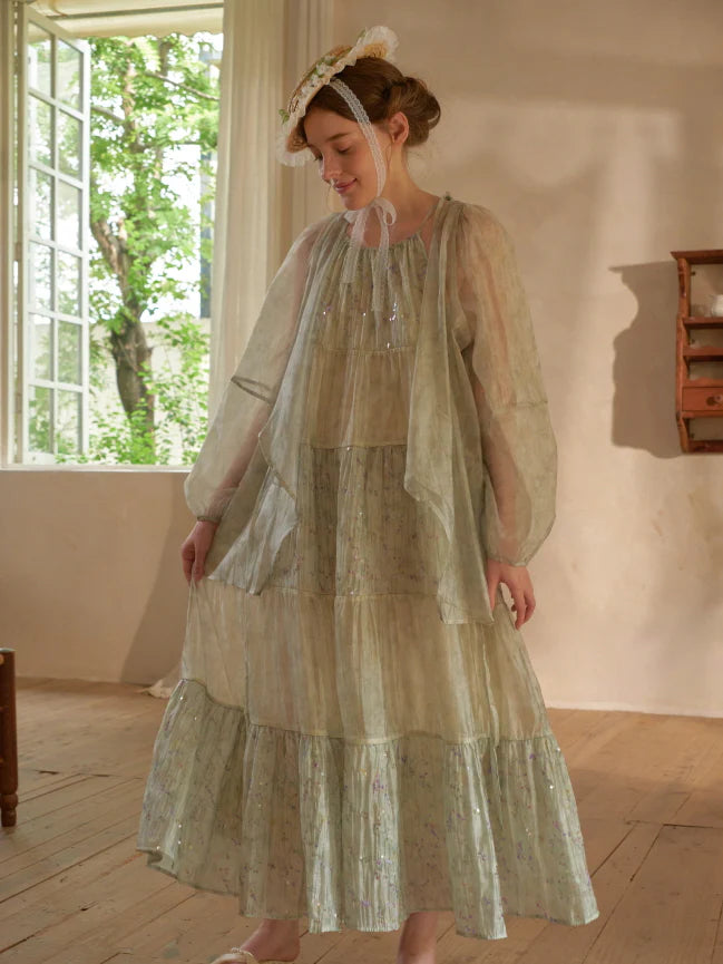 Pastel Green Floral Two-Piece Set – Sheer Cardigan & Tiered Dress