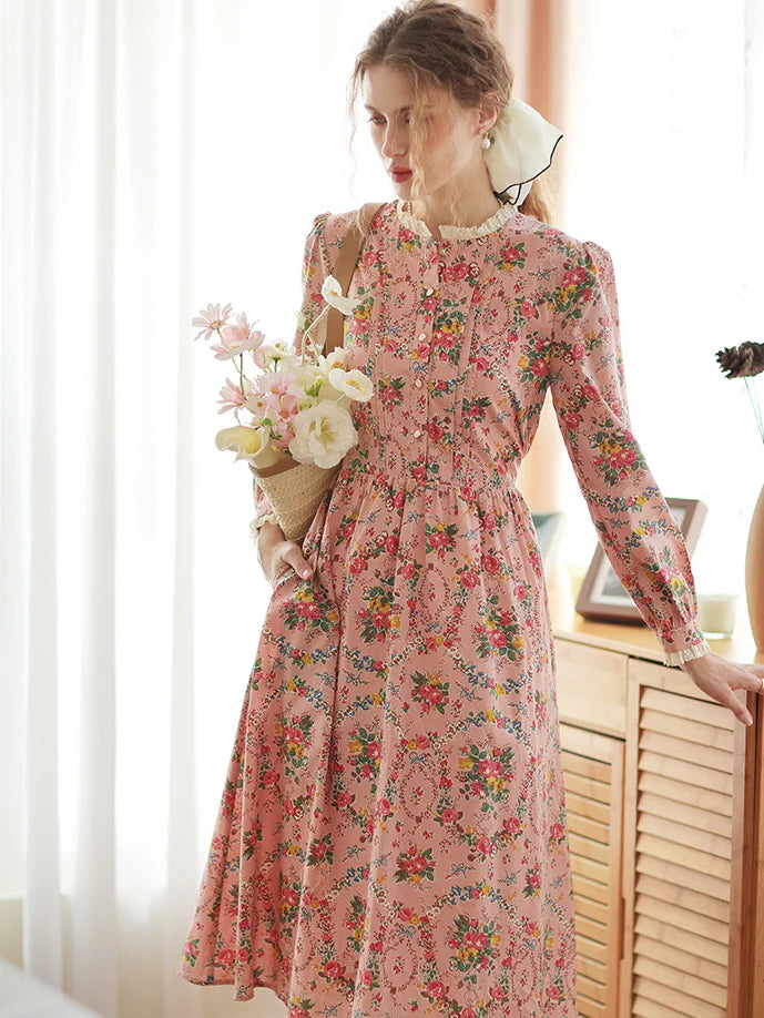 Lace Trim Vintage Floral Pink Cotton Dress