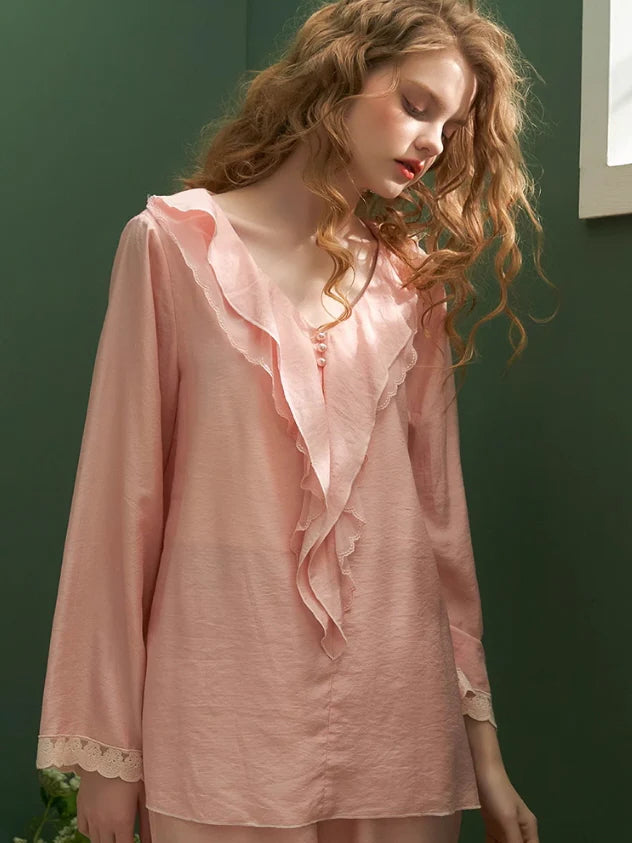 Elegant Ruffled Lace-Trim Pajama Set