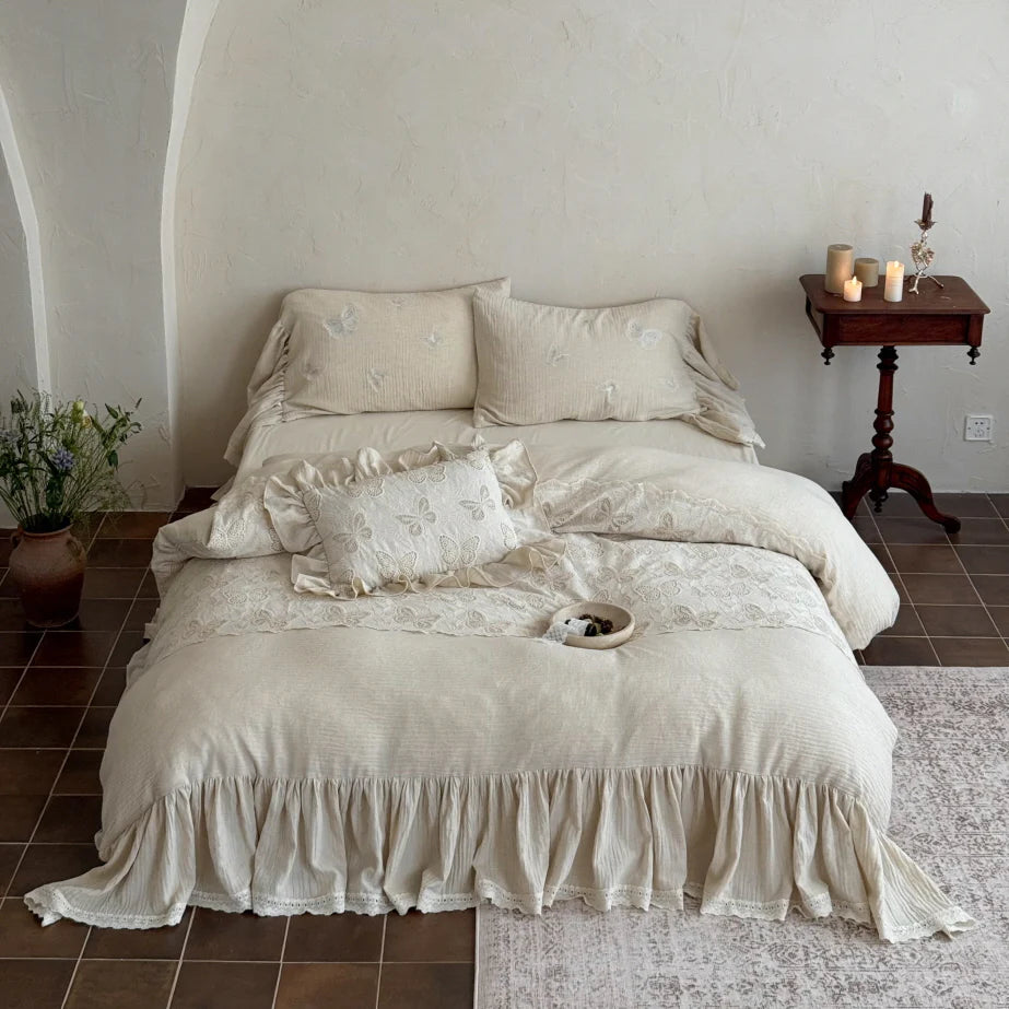 Ivory Butterfly Lace Ruffle Bedding Set