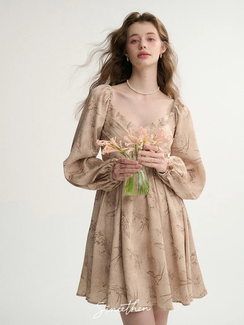 Vintage Botanical Puff-Sleeve Dress