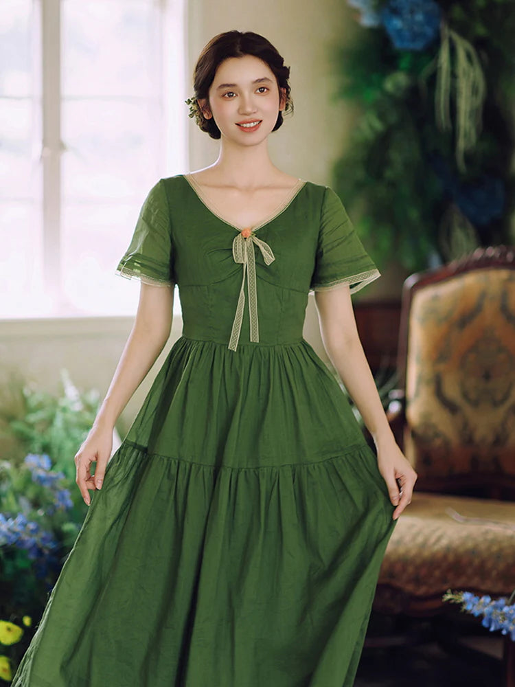 Woodland Green Bow‑Tie Dress