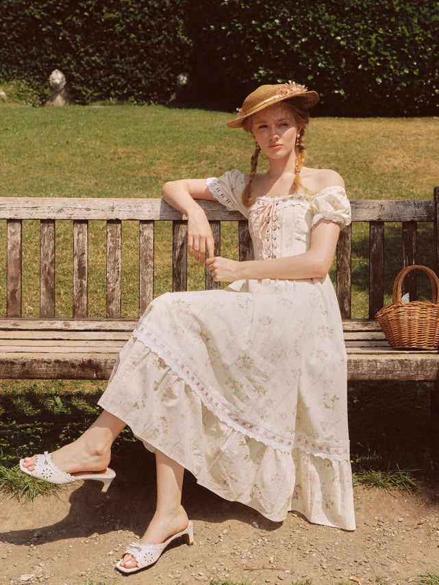 Vintage Rose Garden Lace-Up Off-Shoulder Dress