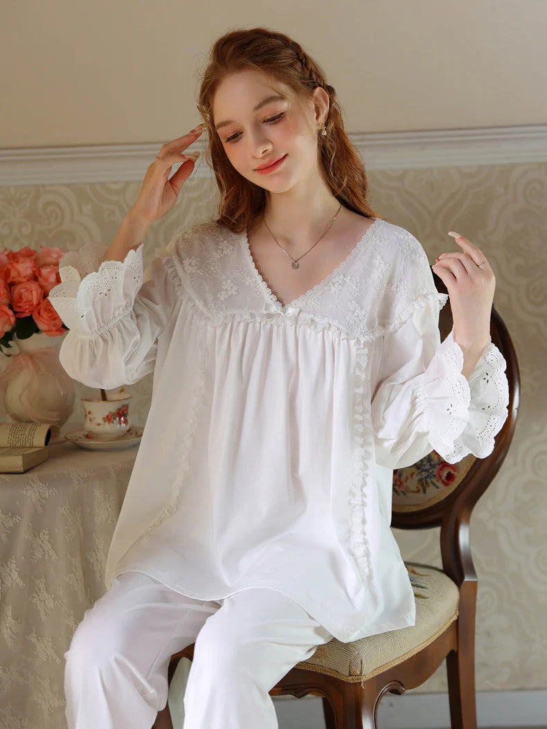 Floral Lace Trim Cotton Pajama Set