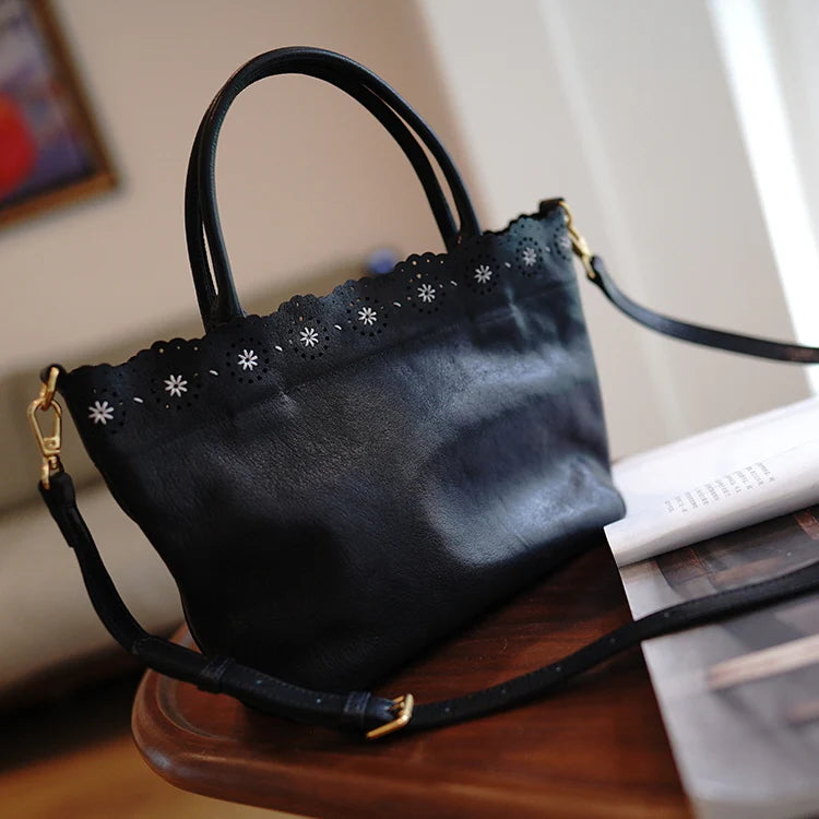 Scalloped Edge Genuine Leather Tote Bag