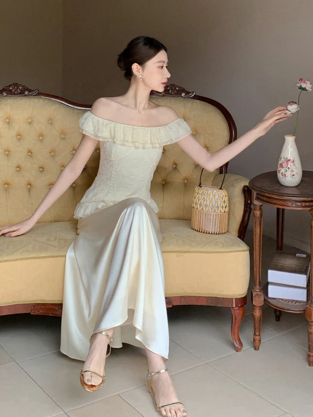 Ivory Ruffle Top & Satin Flare Skirt