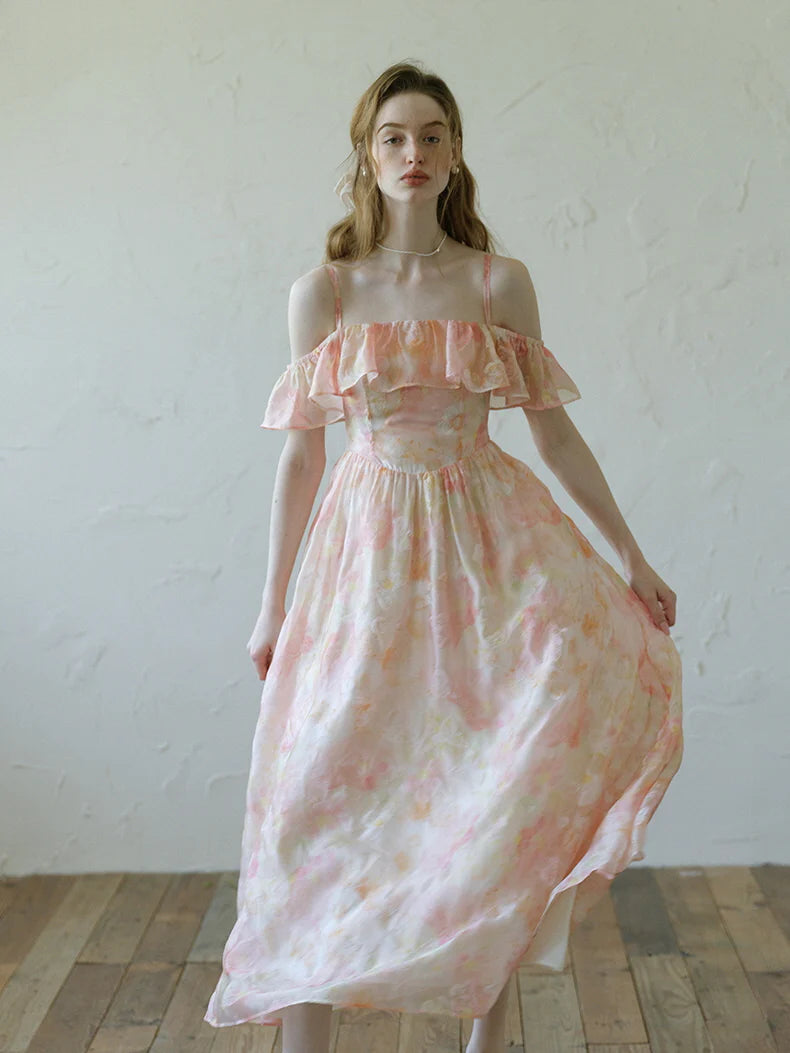 Peach Blossom Off-Shoulder Ruffle Dress