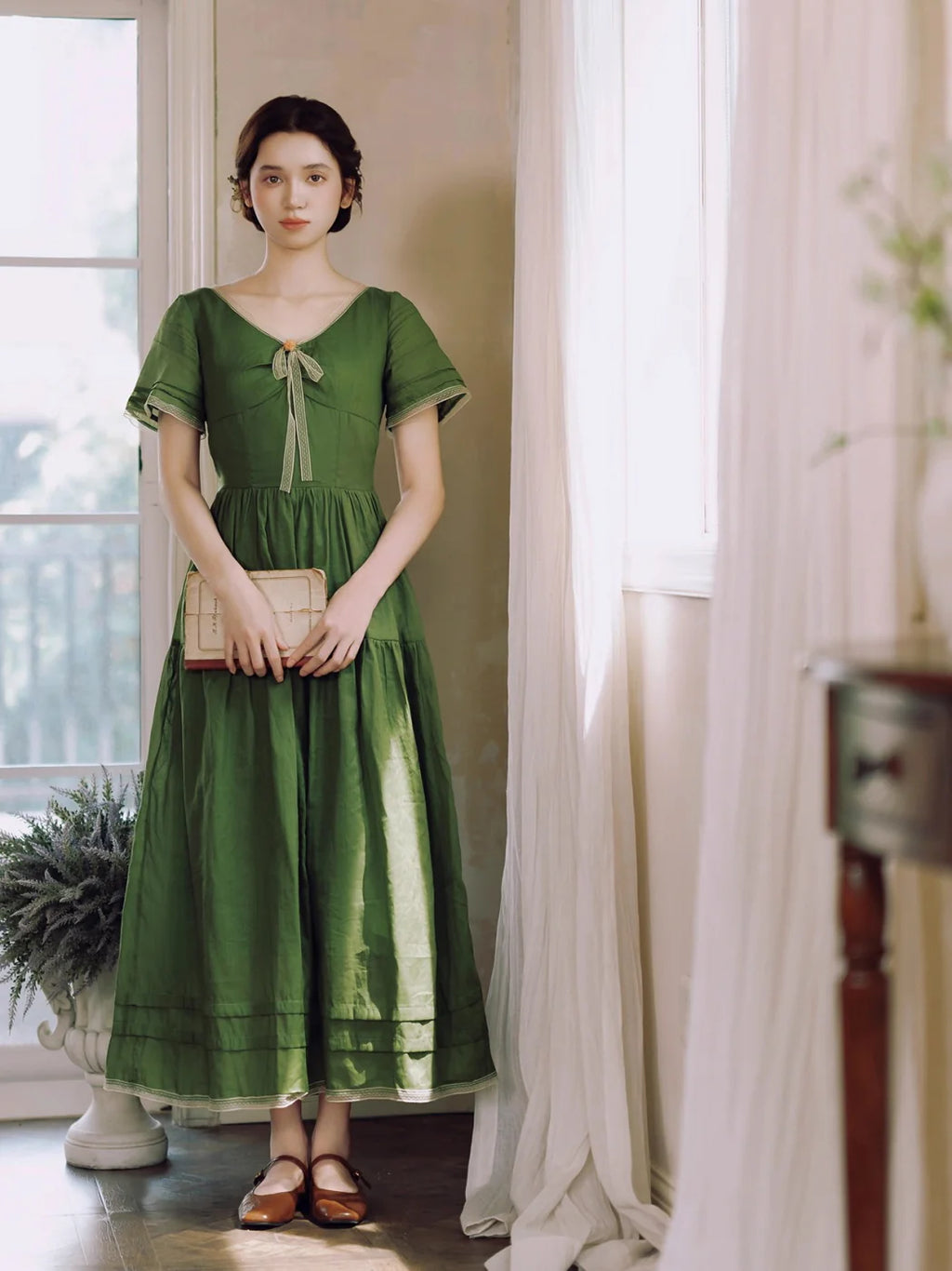 Woodland Green Bow‑Tie Dress