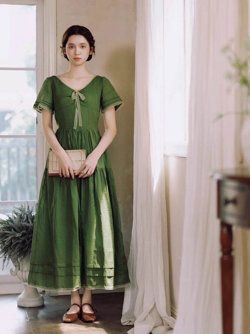 Woodland Green Bow‑Tie Dress