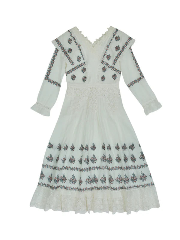 Victorian Floral Embroidered White Dress
