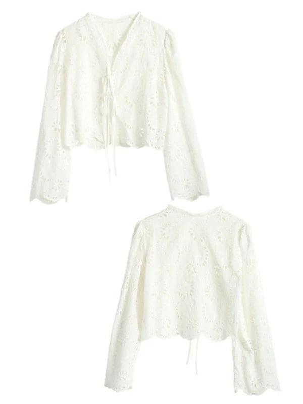 Floral Eyelet Lace Tie-Front Blouse