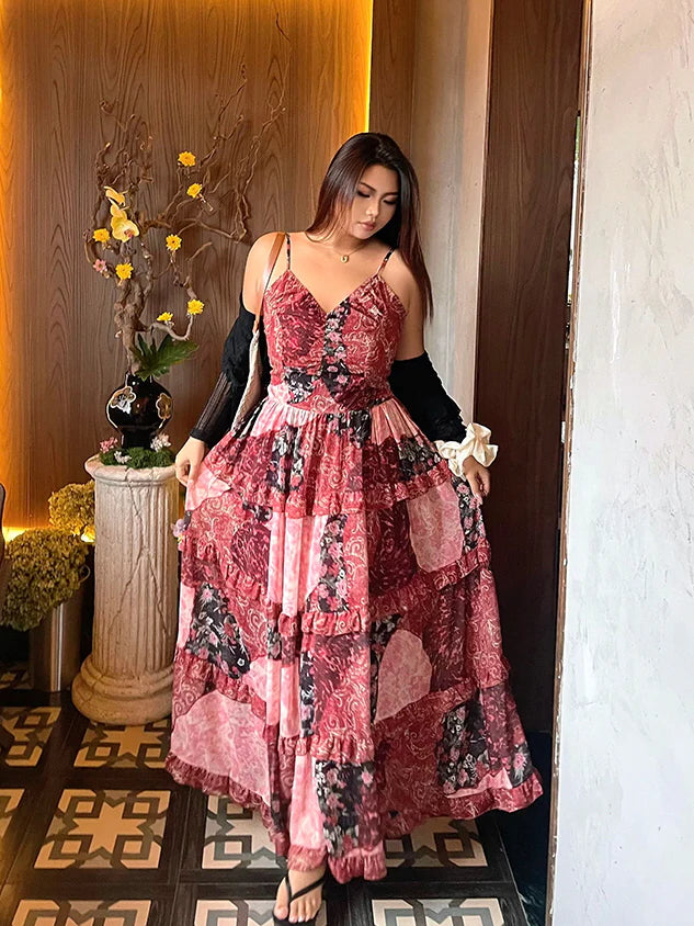 Rosy Patchwork Ruffle Maxi Dress
