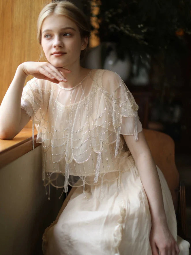 Moonlight Garden Beaded Cold Shoulder Top