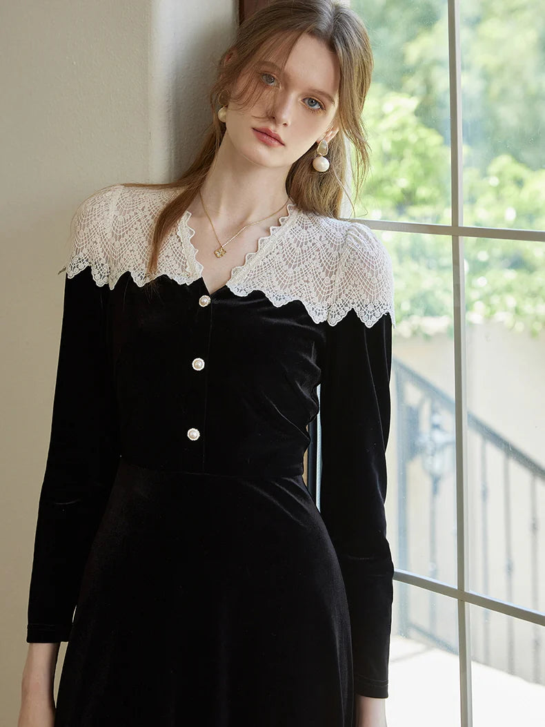 Velvet Lace Collar Vintage Black Dress
