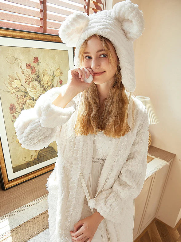 Cozy Bear Ears White Robe Set