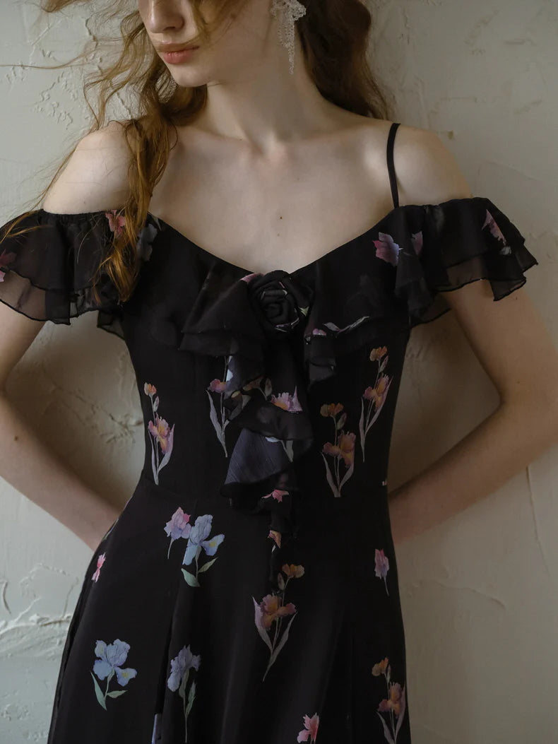 Black Blossom Off-Shoulder Dress