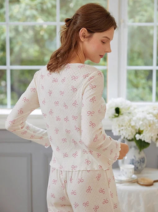 Pink Bow Knot Print Pajama Set